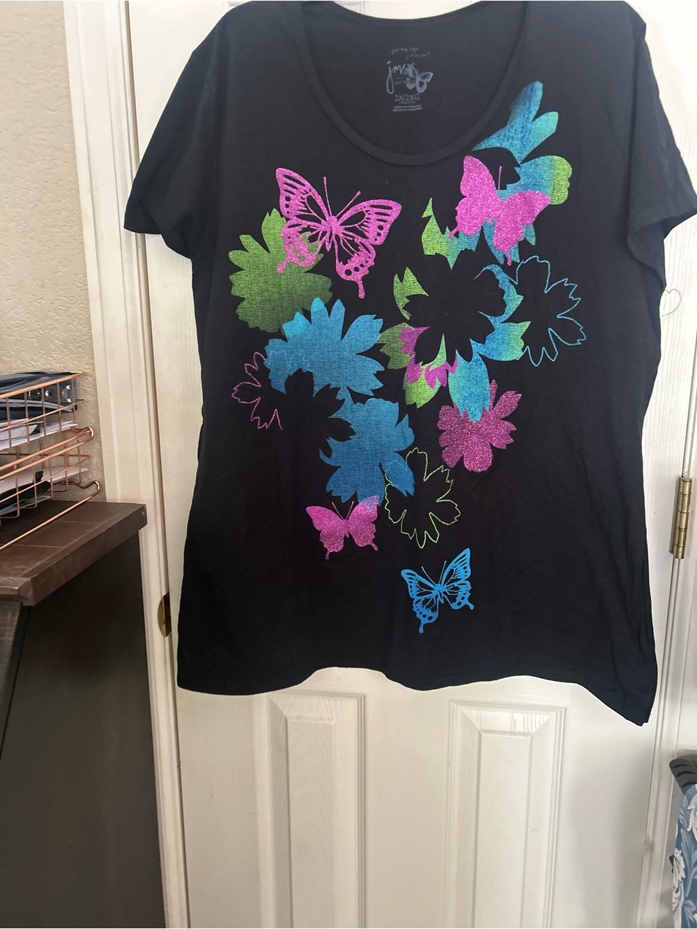 Just My Size Black Tee with Pink and Green Glitter Butterflies size 2X/2XG.